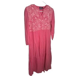 Madison Matthews Long Sleeve Pink Cotton Embroidered Tiered Maxi Dress